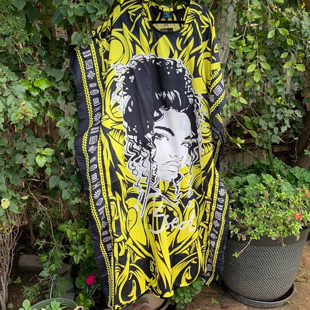 Yellow/ black African Print Kaftan Cover-up